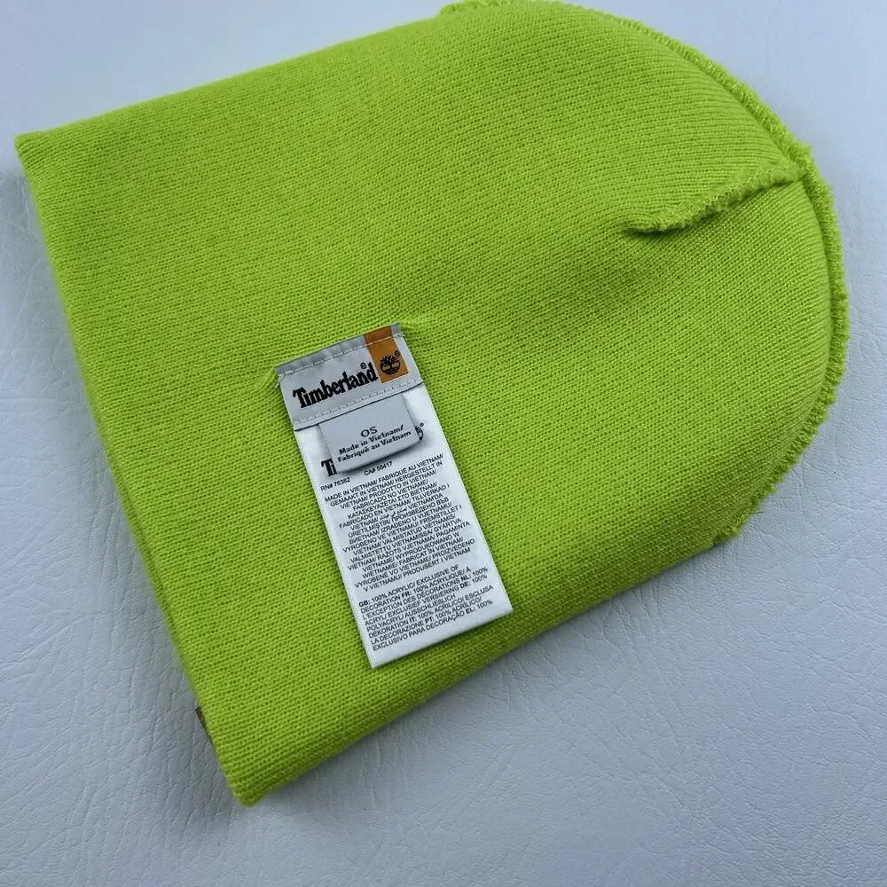 Timberland Neon Green Beanie Hat One Size Unisex Knit Logo Acrylic